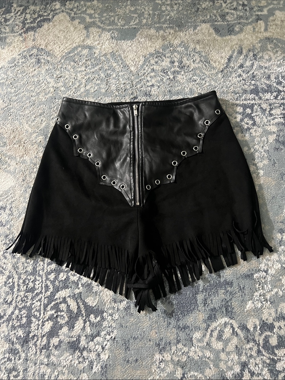 Black Fringe High-Waist Women’s Shorts with Faux Leather Trim